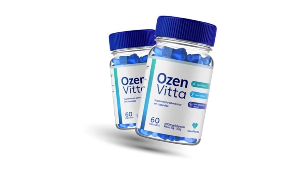 Ozenvitta: Para que Serve e Como Ele Pode Transformar Sua Vida? 2 Para que serve o Ozenvitta?Imagem de dois frascos transparentes do suplemento alimentar OzenVitta, com cápsulas azuis. Os frascos têm rótulos brancos com detalhes em azul-claro e escuro, exibindo o nome "OzenVitta", a informação "Suplemento alimentar em cápsulas", "60 cápsulas", "500mg/cápsula"