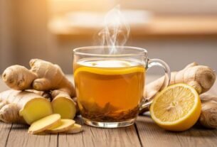 Xícara fumegante de chá de gengibre para emagrecer em uma mesa de madeira rústica, acompanhada de raiz de gengibre fresca, fatias de limão e folhas de hortelã, em um ambiente aconchegante e iluminado naturalmente, transmitindo bem-estar.