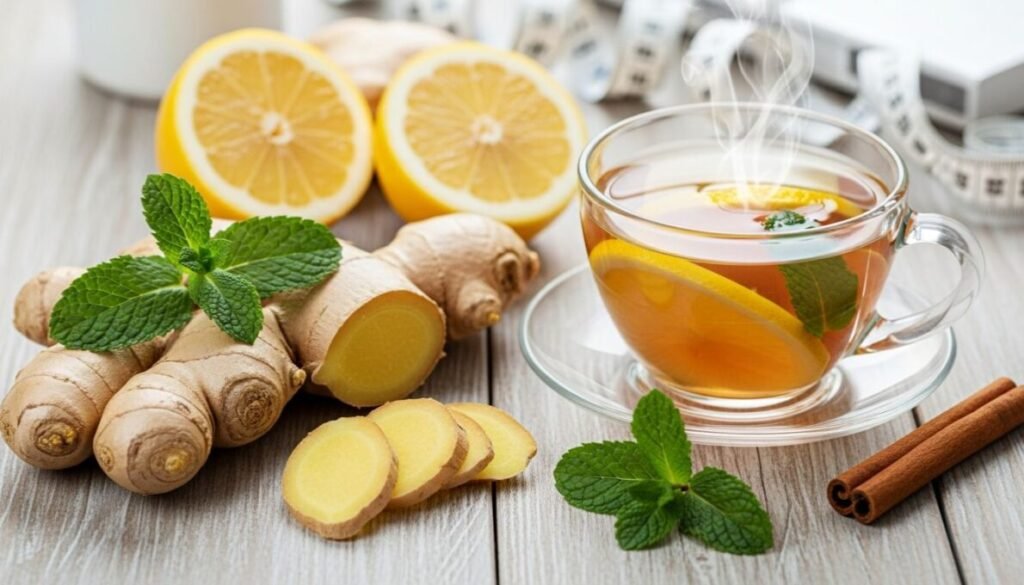 "Flat lay de um copo de chá de gengibre para emagrecer fumegante, com gengibre fresco fatiado, rodelas de limão, folhas de hortelã e um pau de canela sobre uma superfície de madeira clara, com uma fita métrica e balança desfocadas ao fundo, simbolizando saúde e perda de peso."