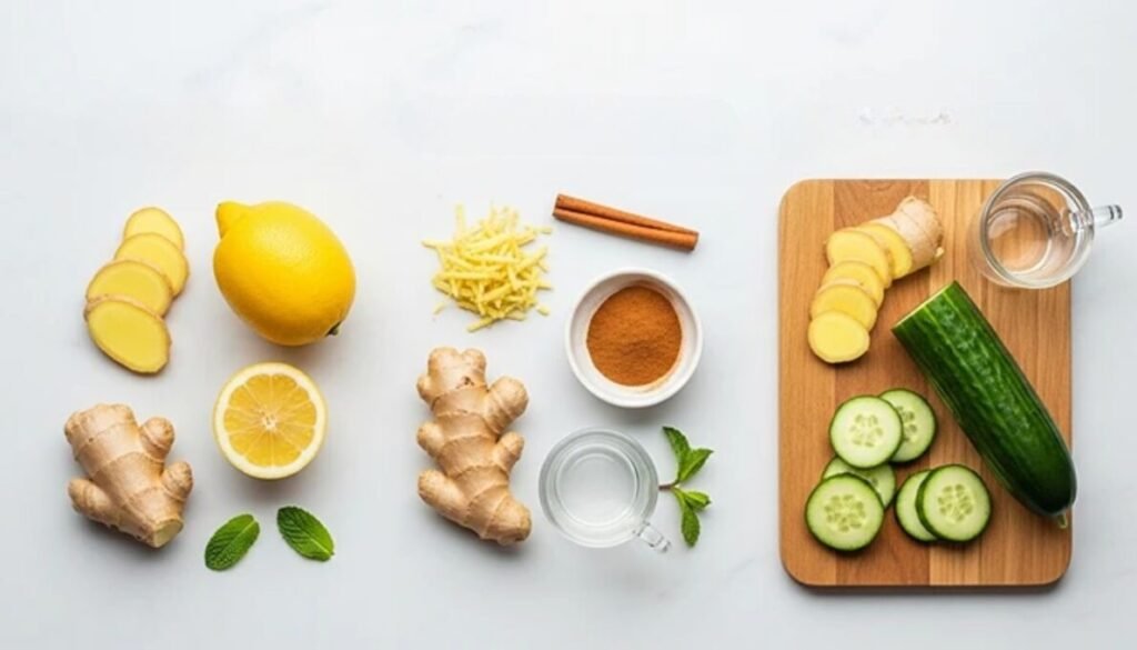 Disposição organizada dos ingredientes frescos para as receitas: gengibre fatiado e limão para o chá de gengibre para emagrecer com limão; gengibre ralado e canela em pau e em pó para o chá de gengibre com canela; e gengibre fatiado com pepino inteiro e fatiado para água aromatizada de gengibre e pepino, tudo sobre uma tábua de madeira clara.