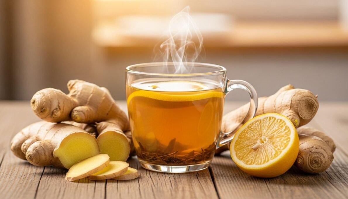 Xícara fumegante de chá de gengibre para emagrecer em uma mesa de madeira rústica, acompanhada de raiz de gengibre fresca, fatias de limão e folhas de hortelã, em um ambiente aconchegante e iluminado naturalmente, transmitindo bem-estar.