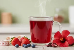 Uma imagem destacada com um copo de chá de hibisco emagrece e é visualmente atraente, acompanhado por uma flor de hibisco, fita métrica e frutas vermelhas, simbolizando saúde e os resultados da perda de peso.