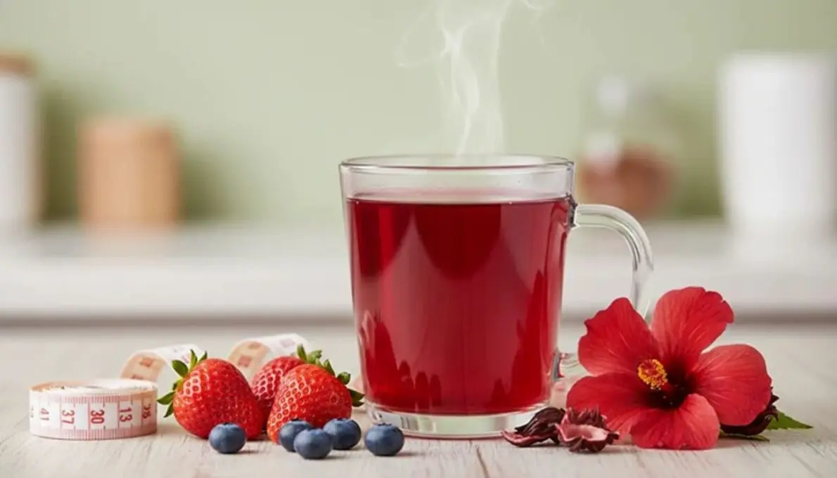 Uma imagem destacada com um copo de chá de hibisco emagrece e é visualmente atraente, acompanhado por uma flor de hibisco, fita métrica e frutas vermelhas, simbolizando saúde e os resultados da perda de peso.