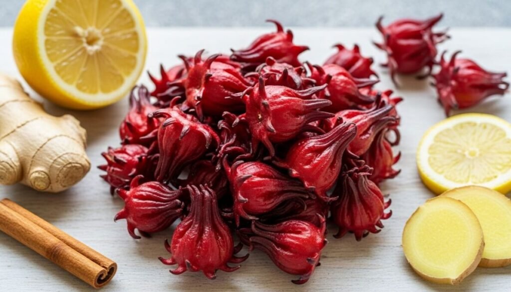 Ingredientes frescos para preparar o chá de hibisco emagrece: cálices secos de hibisco, limão, gengibre e canela, dispostos sobre uma tábua de madeira, destacando os componentes essenciais para a bebida.
