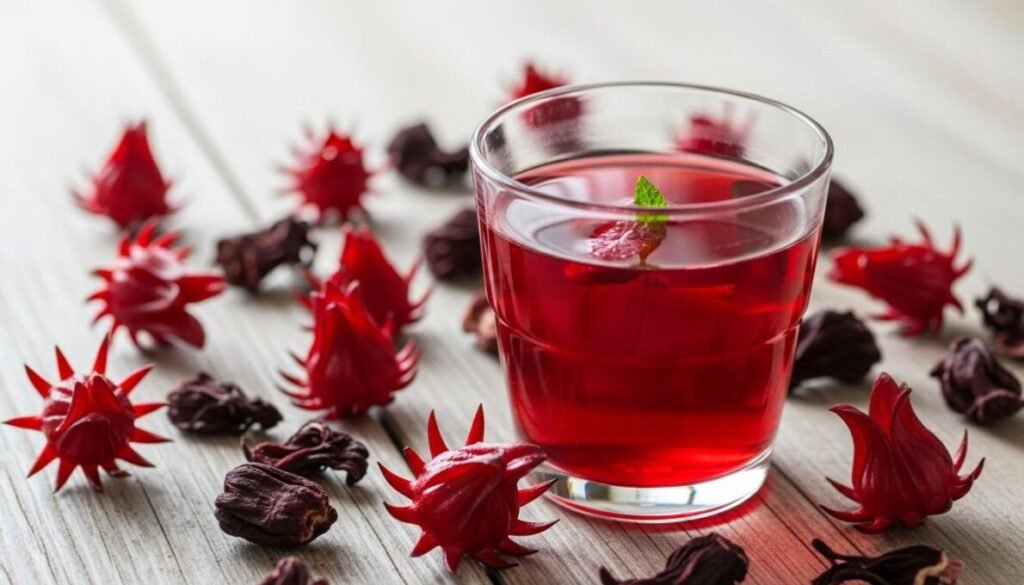 Uma xícara de chá de hibisco emagrece e é vista com vapor, acompanhada de flores de hibisco frescas e secas em uma mesa de madeira clara, ilustrando a bebida e seus ingredientes naturais.