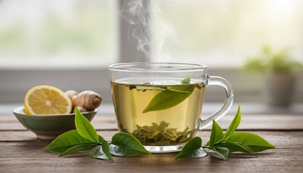 Xícara de chá verde para emagrecer fumegante com folhas de chá soltas, limão e gengibre ao fundo, transmitindo uma sensação de frescor e saúde.
