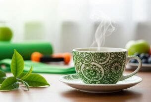Xícara de chá verde para emagrecer fumegante em uma mesa de madeira, com elementos de bem-estar como tapete de yoga, frutas frescas e luz natural ao fundo, inspirando um estilo de vida saudável e equilibrado