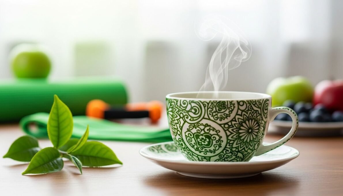 Xícara de chá verde para emagrecer fumegante em uma mesa de madeira, com elementos de bem-estar como tapete de yoga, frutas frescas e luz natural ao fundo, inspirando um estilo de vida saudável e equilibrado