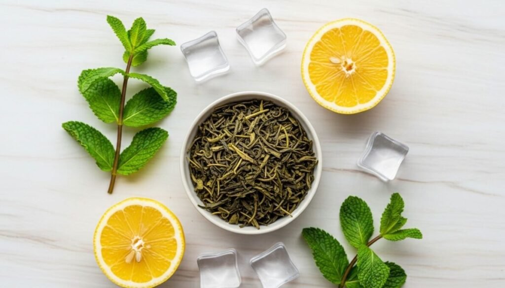 Ingredientes para Chá Verde Refrescante com Limão e Hortelã, incluindo folhas de chá verde, limões fatiados, folhas de hortelã e cubos de gelo, dispostos artisticamente sobre uma superfície clara.