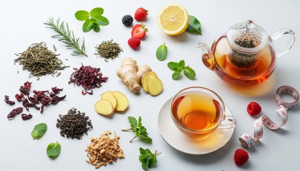 Uma composição vibrante e organizada de ingredientes naturais para chás para emagrecer, incluindo folhas de chá verde, flores de hibisco, rodelas de gengibre fresco e hortelã, ao lado de um bule de chá e uma xícara, simbolizando bem-estar e saúde.