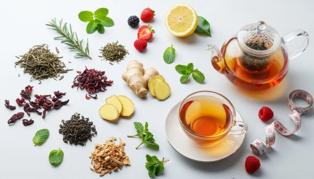 Guia Completo dos Melhores Chás Para Emagrecer: Desvende o Poder da Natureza na Sua Jornada! 2 Uma composição vibrante e organizada de ingredientes naturais para chás para emagrecer, incluindo folhas de chá verde, flores de hibisco, rodelas de gengibre fresco e hortelã, ao lado de um bule de chá e uma xícara, simbolizando bem-estar e saúde.