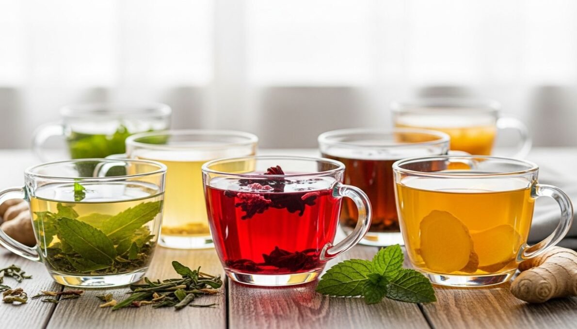 Uma coleção convidativa de três chás para emagrecer quentes – hibisco, chá verde e gengibre – dispostos em copos de vidro sobre uma mesa de madeira clara. A cena transmite tranquilidade, bem-estar e o poder natural dos chás para uma vida saudável.