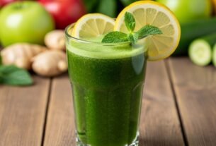 Um copo de sucos detox verde vibrante, decorado com limão e hortelã, cercado por ingredientes frescos como maçãs, gengibre e pepino