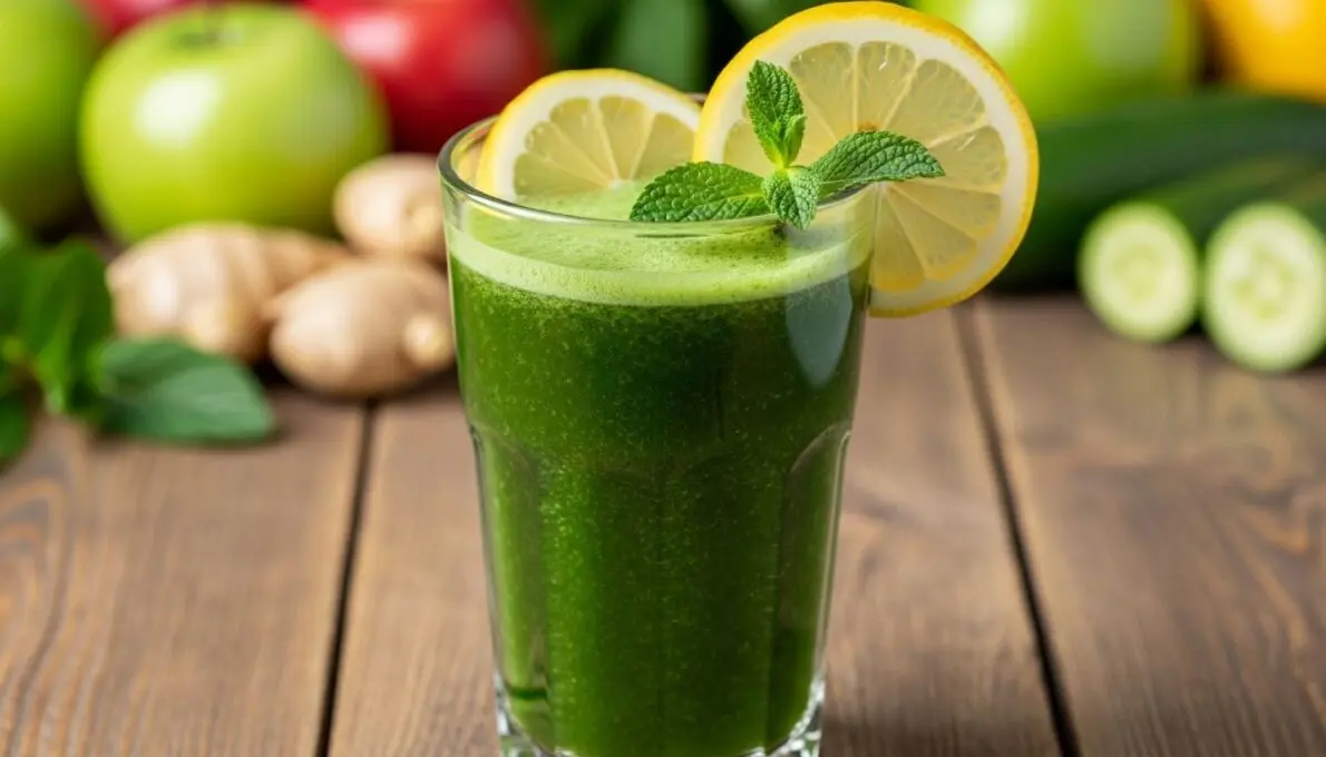 Um copo de sucos detox verde vibrante, decorado com limão e hortelã, cercado por ingredientes frescos como maçãs, gengibre e pepino