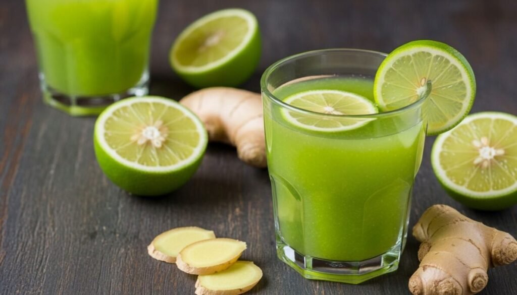 Copo de suco de limão com gengibre fresco e revigorante, com limões e rodelas de gengibre em uma superfície escura, transmitindo saúde e bem-estar