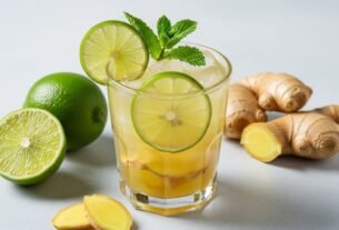 Imagem destacada de um copo refrescante de suco de limão com gengibre, com limões frescos, gengibre e hortelã em um fundo minimalista, simbolizando saúde e emagrecimento.