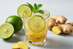 Imagem destacada de um copo refrescante de suco de limão com gengibre, com limões frescos, gengibre e hortelã em um fundo minimalista, simbolizando saúde e emagrecimento.
