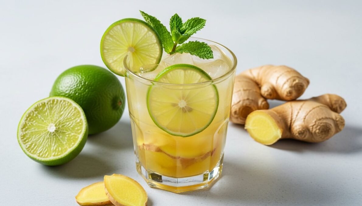 Imagem destacada de um copo refrescante de suco de limão com gengibre, com limões frescos, gengibre e hortelã em um fundo minimalista, simbolizando saúde e emagrecimento.