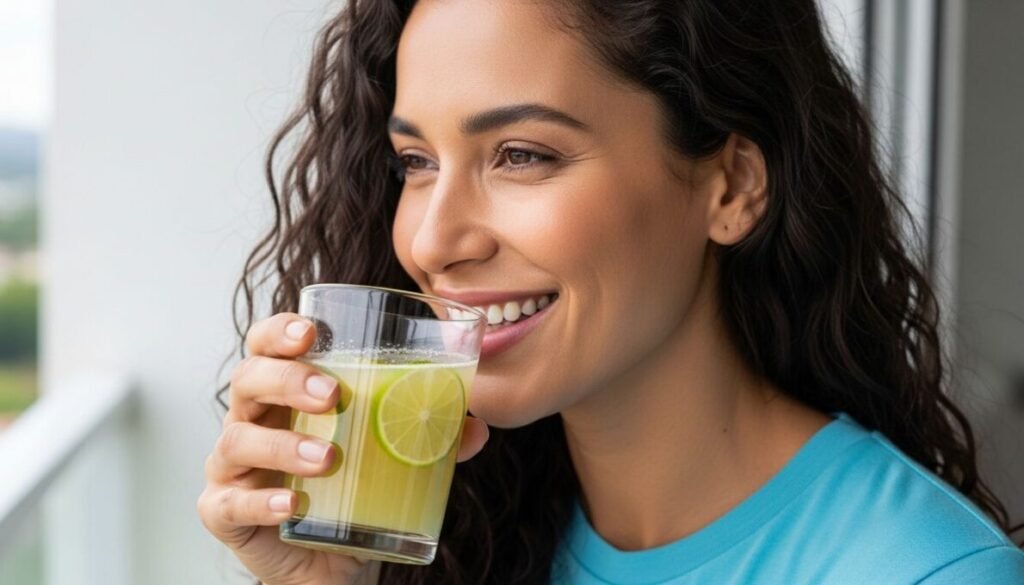 Mulher brasileira sorridente e saudável desfrutando de um copo de suco de limão com gengibre, representando os múltiplos benefícios da bebida.