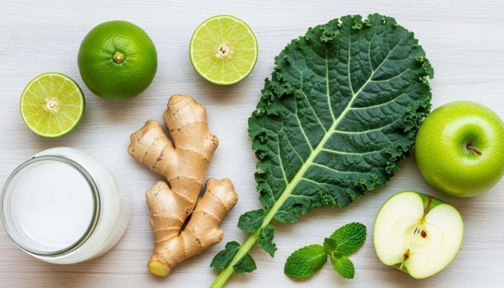 Ingredientes frescos e coloridos para o Suco Detox Verde com Limão e Gengibre: couve, maçã verde, limões, gengibre e água de coco, dispostos para preparo.