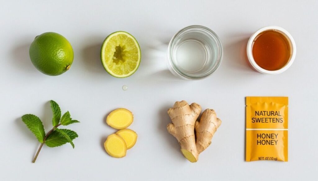Disposição de ingredientes frescos: limões, gengibre ralado, água e hortelã, prontos para o preparo do suco de limão com gengibre clássico.