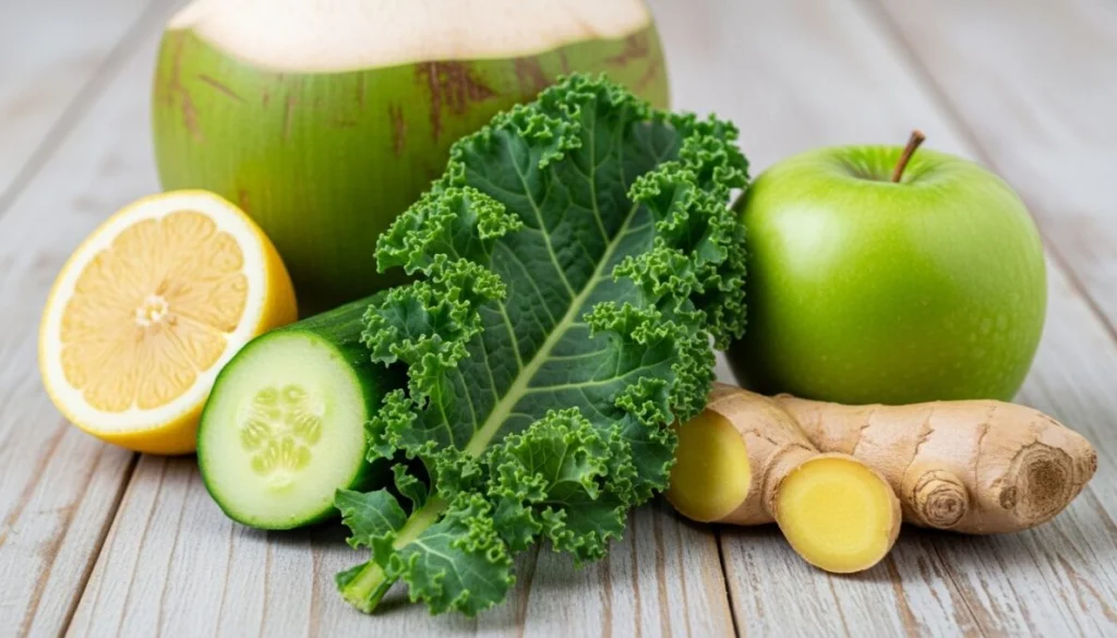 Ingredientes frescos e vibrantes para o suco detox para desinchar verde clássico: couve, pepino, maçã verde, limão, gengibre e água de coco, dispostos sobre madeira.