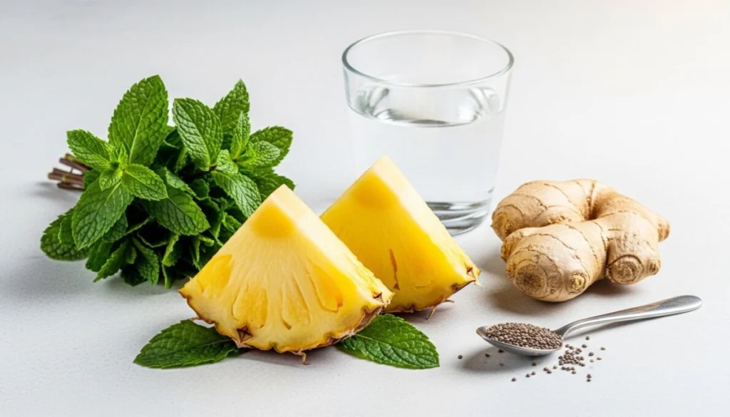 Ingredientes frescos para o suco anti-inflamatório: fatias de abacaxi, folhas de hortelã, gengibre e sementes de chia, prontos para um suco detox para desinchar.
