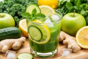 Um copo de suco detox para desinchar verde, refrescante e convidativo, com guarnições de pepino, limão e hortelã, cercado por ingredientes frescos como couve, gengibre e maçãs verdes, evocando saúde e bem-estar.