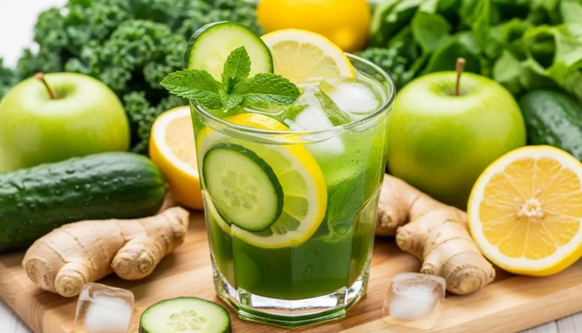 Um copo de suco detox para desinchar verde, refrescante e convidativo, com guarnições de pepino, limão e hortelã, cercado por ingredientes frescos como couve, gengibre e maçãs verdes, evocando saúde e bem-estar.