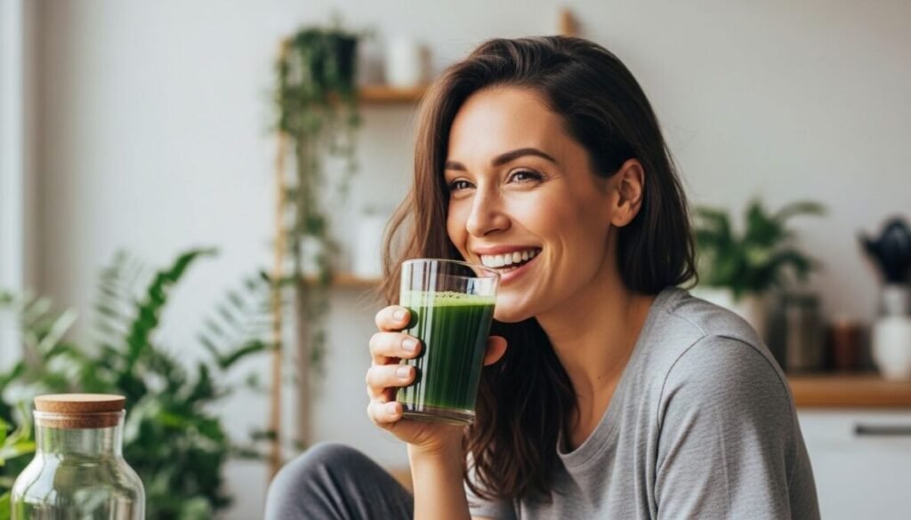 Suco Detox para Desinchar: Receitas Simples e Eficazes 4 Mulher sorridente e saudável, de 30 a 35 anos, desfrutando de um copo de suco detox para desinchar em um ambiente iluminado, transmitindo bem-estar e vitalidade.