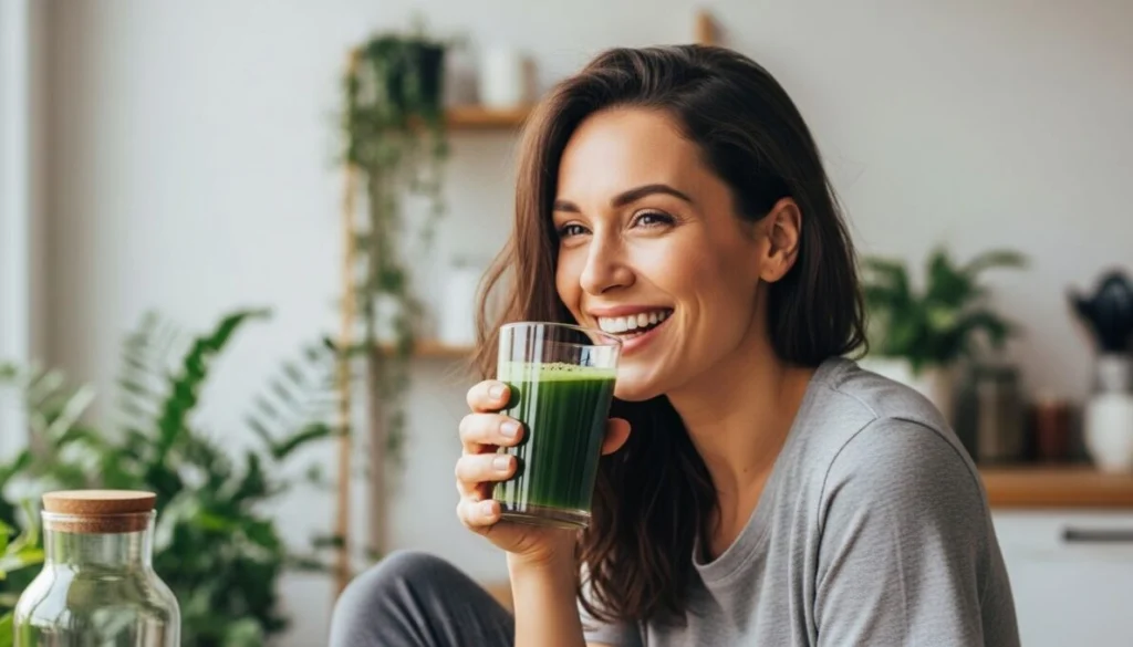 Mulher sorridente e saudável, de 30 a 35 anos, desfrutando de um copo de suco detox para desinchar em um ambiente iluminado, transmitindo bem-estar e vitalidade.
