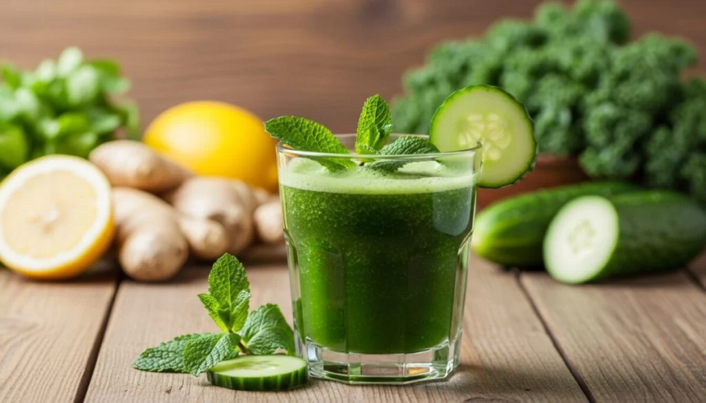 Um copo de suco detox para desinchar verde vibrante e refrescante, decorado com hortelã e pepino, em uma mesa de madeira com ingredientes frescos desfocados ao fundo.
