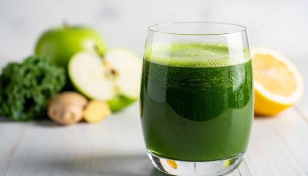 Suco Verde Detox: Como Fazer, Benefícios e Como Usar Para Emagrecer 2 Copo de suco verde detox fresco e revigorante com ingredientes naturais desfocados ao fundo, simbolizando saúde e energia.