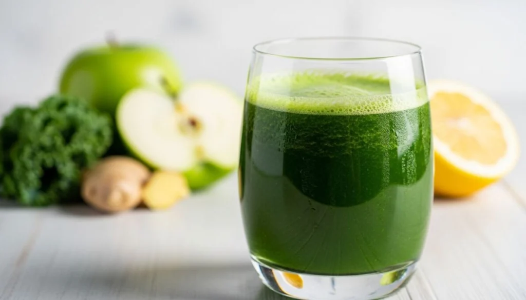 Copo de suco verde detox fresco e revigorante com ingredientes naturais desfocados ao fundo, simbolizando saúde e energia.