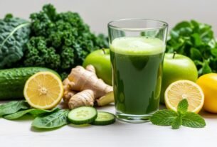 Um copo de suco verde detox fresco e vibrante, cercado por ingredientes naturais como couve, maçã verde, pepino, gengibre e limão, em uma superfície clara, transmitindo saúde e bem-estar.