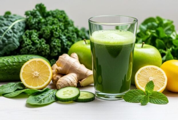 Um copo de suco verde detox fresco e vibrante, cercado por ingredientes naturais como couve, maçã verde, pepino, gengibre e limão, em uma superfície clara, transmitindo saúde e bem-estar.