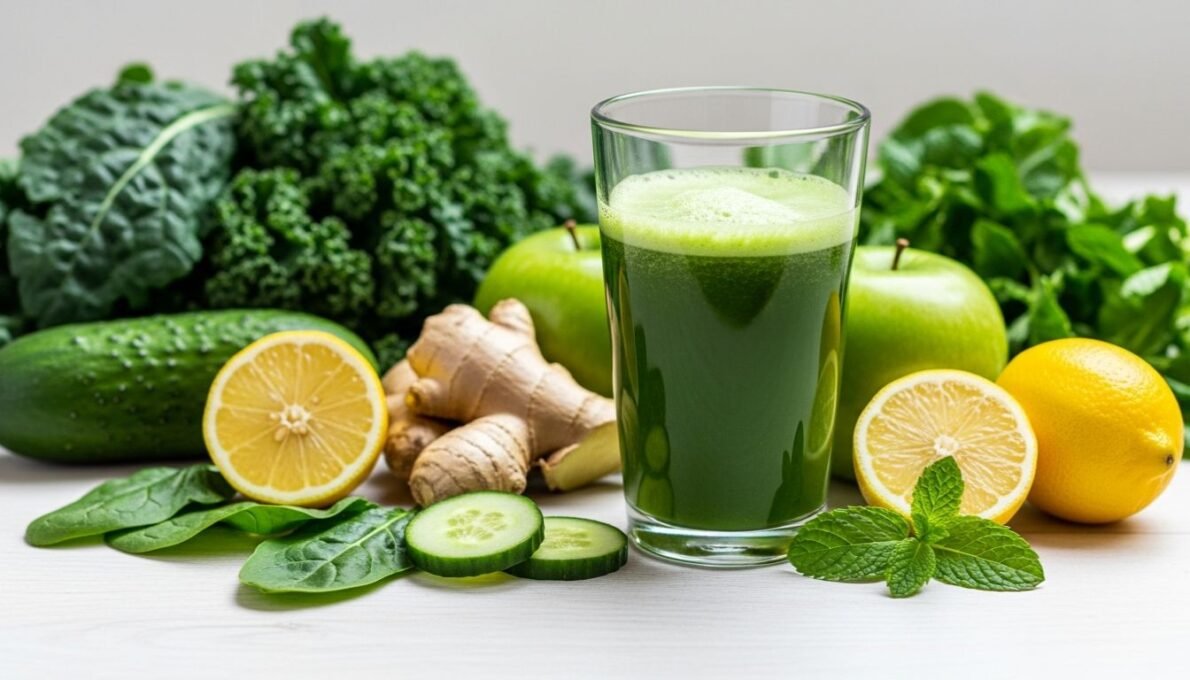 Suco Verde Detox: Como Fazer, Benefícios e Como Usar Para Emagrecer 1 Um copo de suco verde detox fresco e vibrante, cercado por ingredientes naturais como couve, maçã verde, pepino, gengibre e limão, em uma superfície clara, transmitindo saúde e bem-estar.