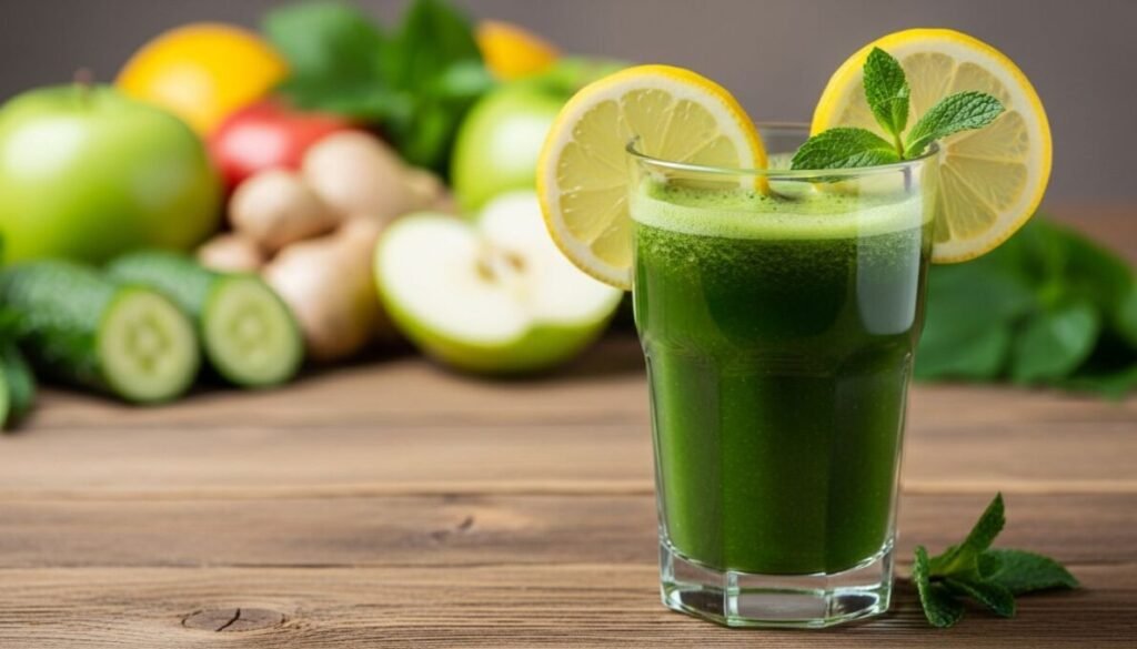 Receitas de Sucos Detox Para Emagrecer Rápido: Desvende o Poder da Natureza 2 Um copo de sucos detox verde vibrante, decorado com limão e hortelã, cercado por ingredientes frescos como maçãs, gengibre e pepino em um fundo desfocado, realçando o aspecto natural e saudável dos sucos detox.