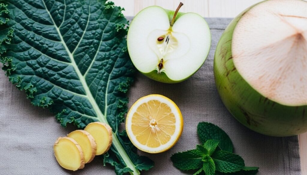 Receitas de Sucos Detox Para Emagrecer Rápido: Desvende o Poder da Natureza 3 Ingredientes frescos e orgânicos para um suco verde clássico, incluindo couve, maçã verde, gengibre, limão, hortelã e água de coco, dispostos sobre uma superfície de madeira.