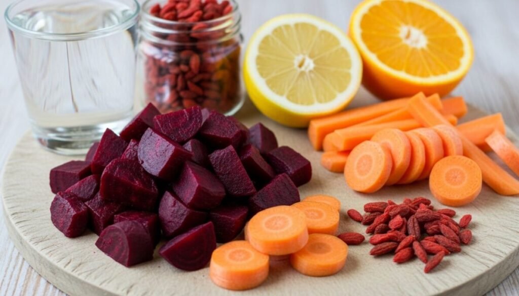 Receitas de Sucos Detox Para Emagrecer Rápido: Desvende o Poder da Natureza 4 Ingredientes frescos e vibrantes para o Suco Vermelho Antioxidante, incluindo beterraba cozida, cenoura, limão (ou laranja) e goji berries, dispostos sobre uma superfície de madeira.