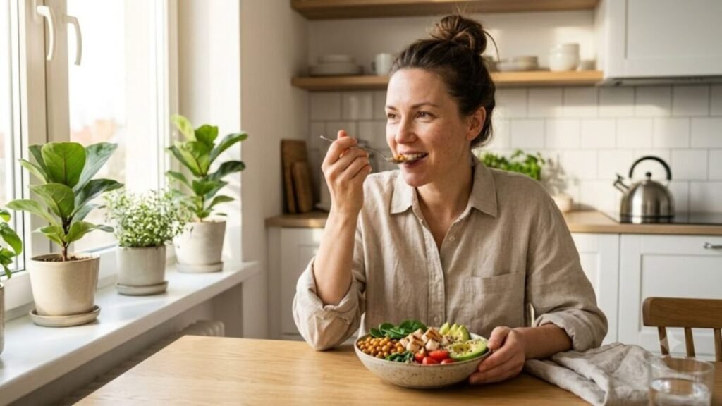 Receitas Saudáveis para o Dia a Dia: 5 Ideias Fáceis 5 Mulher almoçando um bowl saudável em uma cozinha iluminada, representando uma alimentação equilibrada.