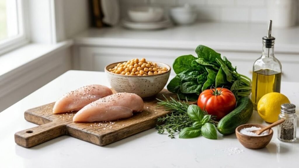 Receitas Saudáveis para o Dia a Dia: 5 Ideias Fáceis 3 Ingredientes frescos utilizados no preparo do bowl saudável organizados sobre bancada de cozinha.