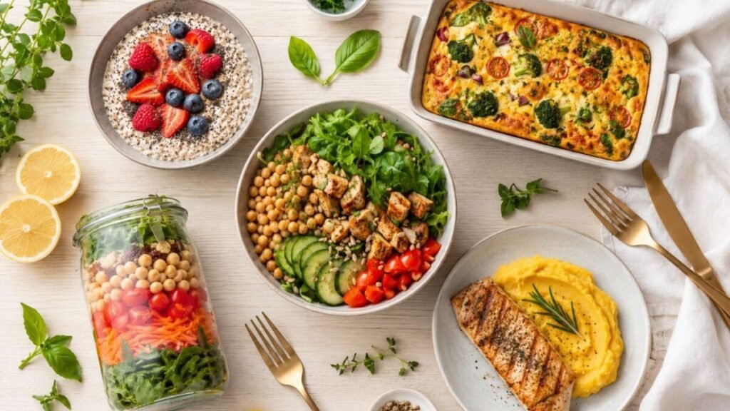 Receitas Saudáveis para o Dia a Dia: 5 Ideias Fáceis 2 Cinco receitas saudáveis organizadas sobre uma mesa mostrando opções práticas para o dia a dia.