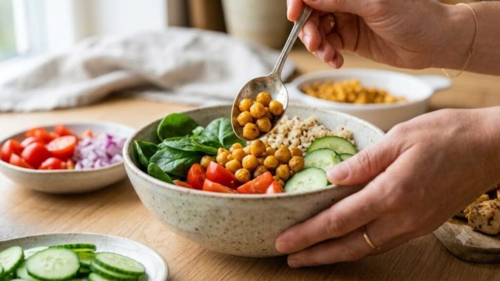 Receitas Saudáveis para o Dia a Dia: 5 Ideias Fáceis 4 Mãos montando um bowl saudável com grão-de-bico, frango grelhado e vegetais frescos.