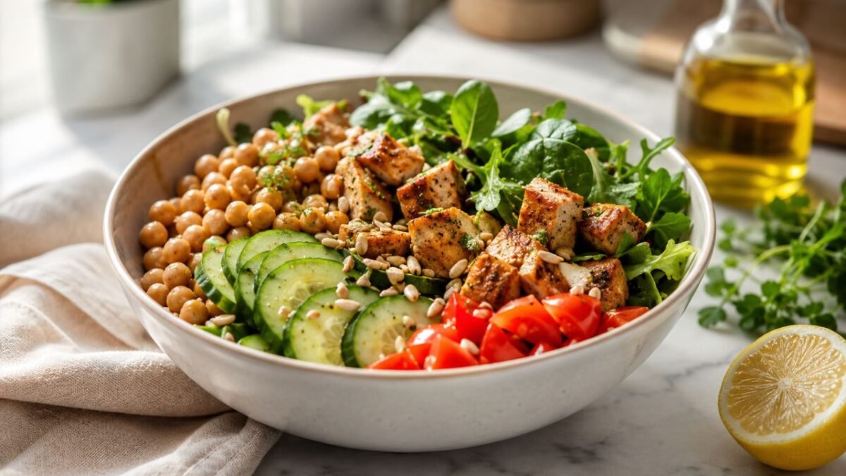 Bowl saudável de grão-de-bico com frango grelhado, folhas verdes, tomate e pepino servido sobre bancada de mármore em cozinha iluminada.